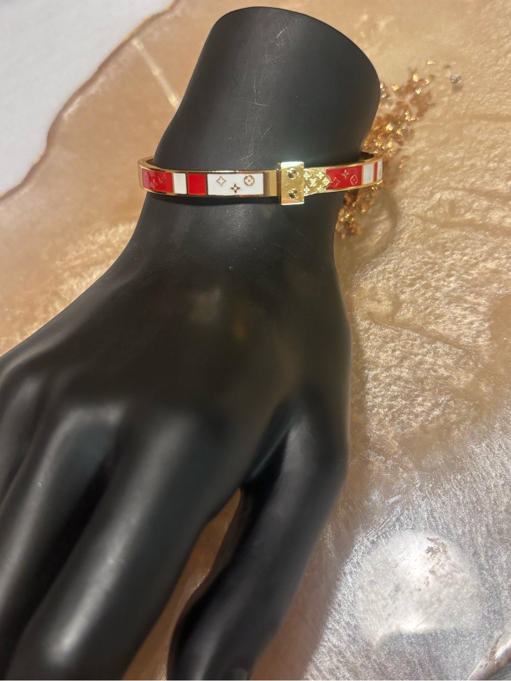 Gold-Tone Red & White Enamel Women's Bangle Bracelet